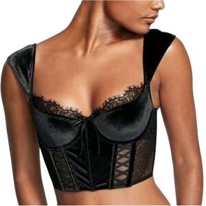 Victoria's Secret Size Medium Dream Angels Black Velvet Mesh Lace Up Corset Top